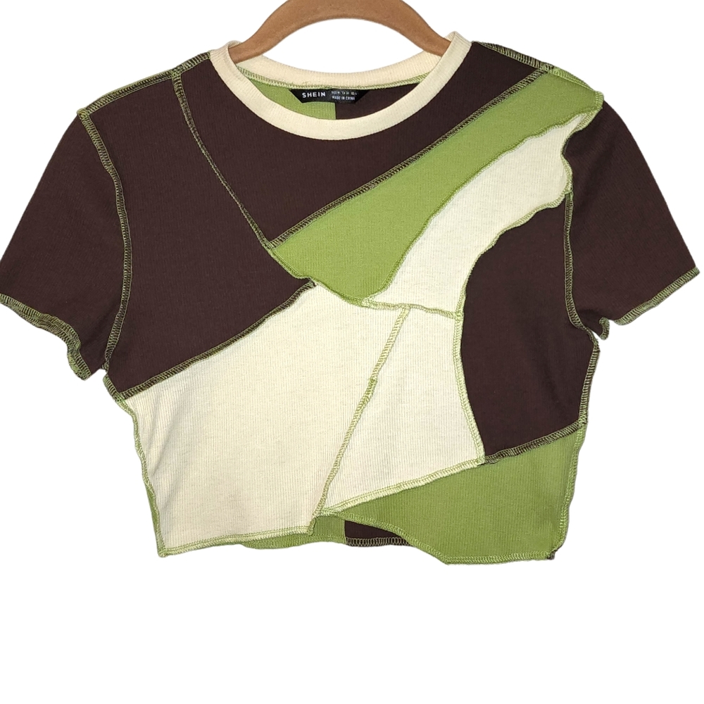 SHEIN Contrast Stitch Colorblock Tee Green/Brown/Offwhite